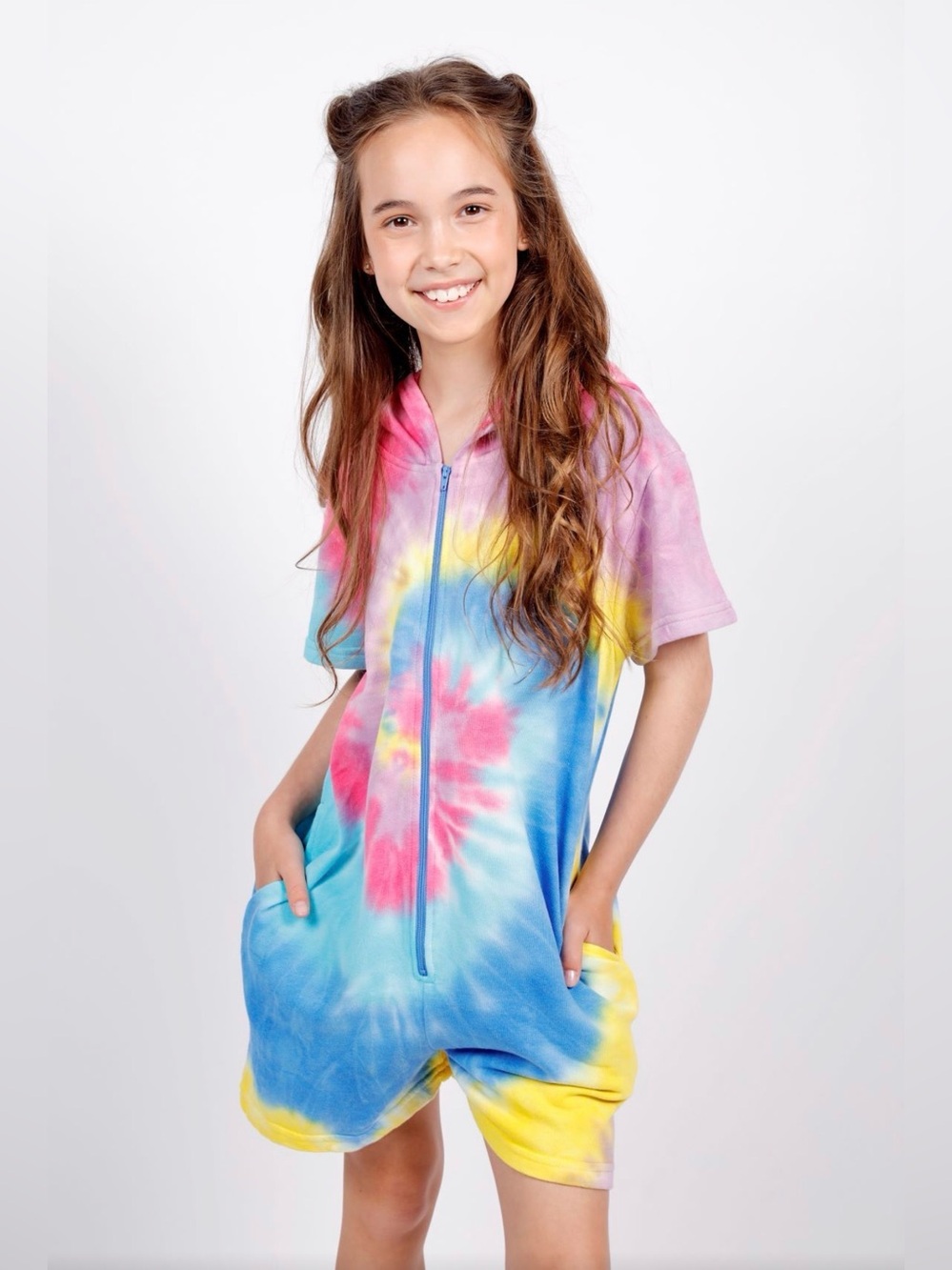 NWT Candy Pink Girls Rainbow Swirl Hooded Terrycloth Romper